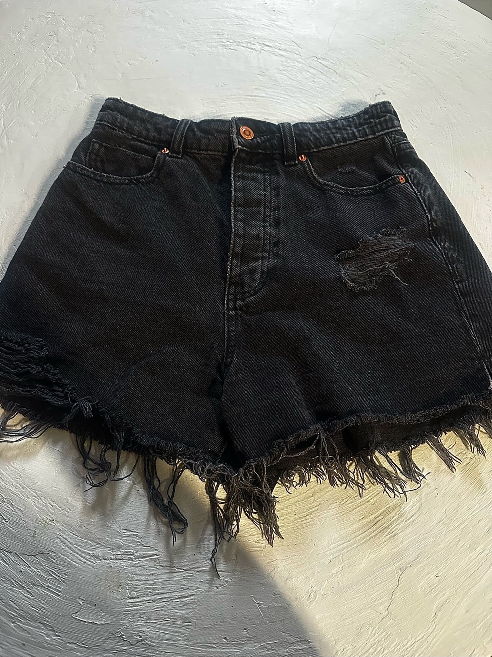 Zara High-Waisted Distressed Denim Shorts Distressed Denim Jean Shorts in Black
